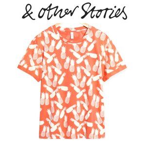 & Other Stories Pineapple Graphic Cotton T Shirt Orange White Summer Size 6